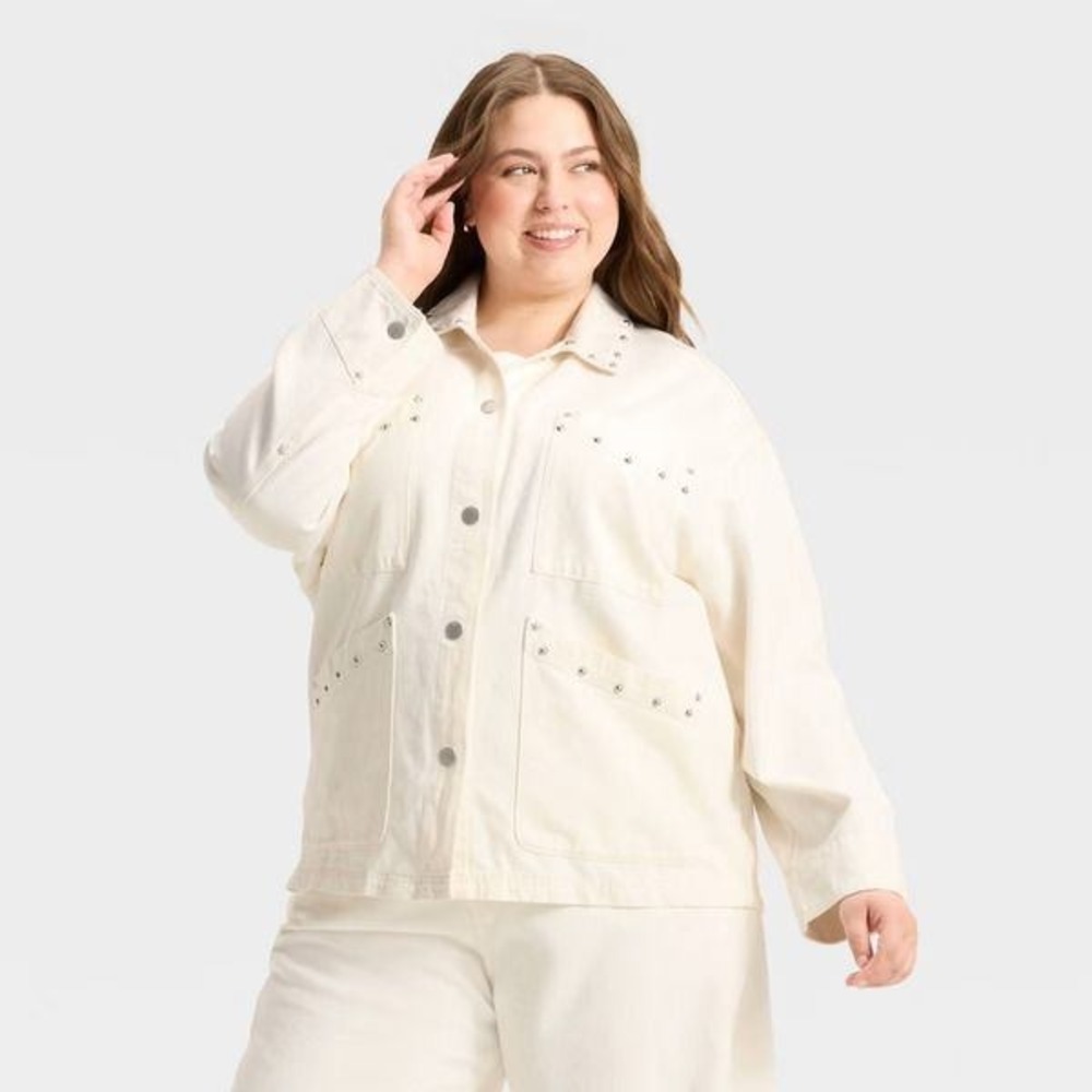 Universal Thread Cream Studded Denim Trucker Jacket XXL Off White Utility Coat